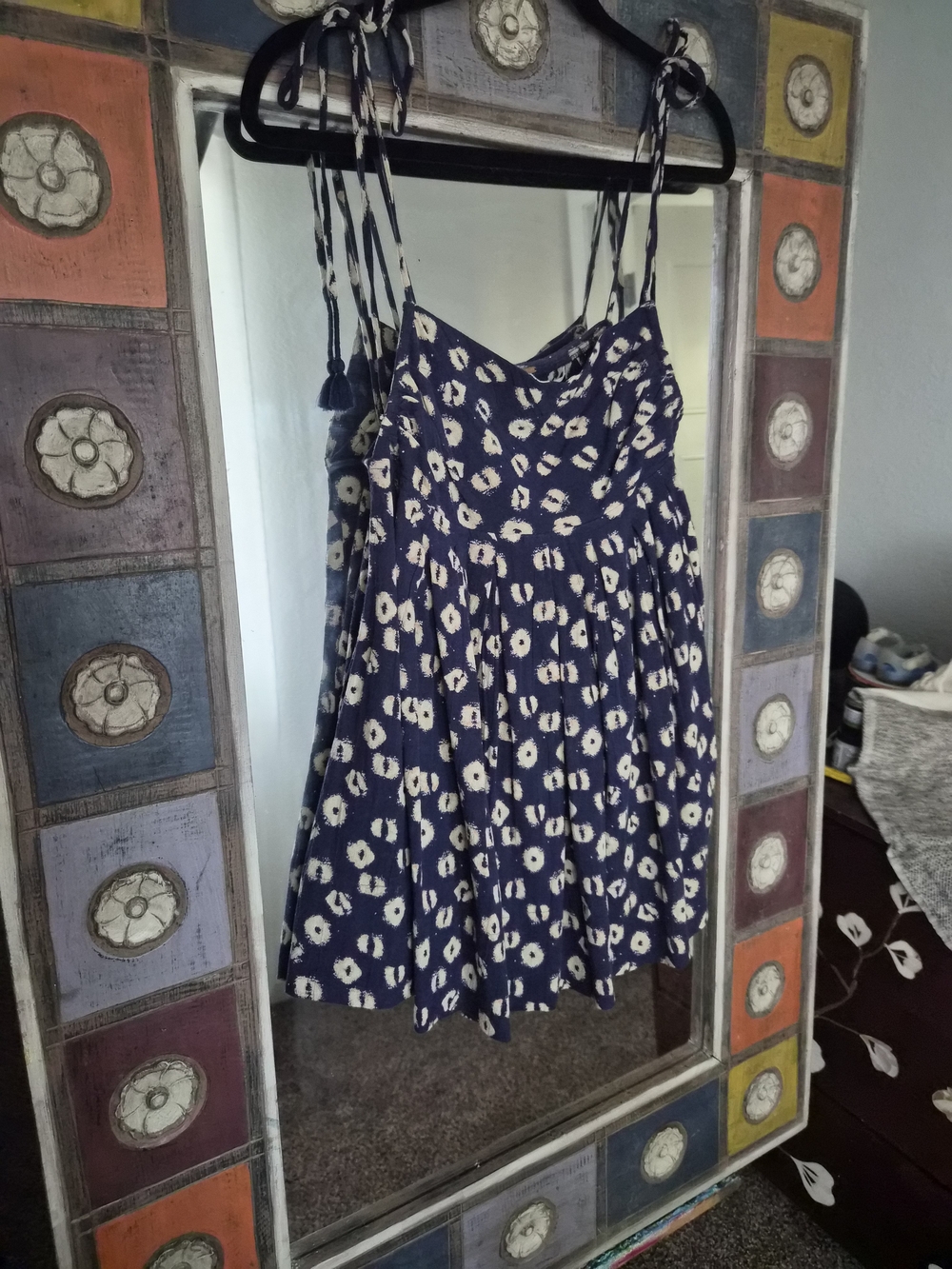 Free People Navy Blue and Cream Floral Sundress Tank Top